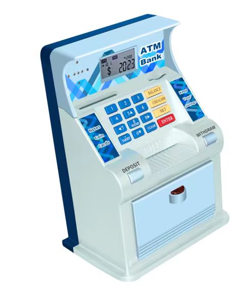 Los niños de la versión de los E.E.U.U. juegan el mini banco seguro del ahorro del dinero del cajero automático con el contador de la moneda