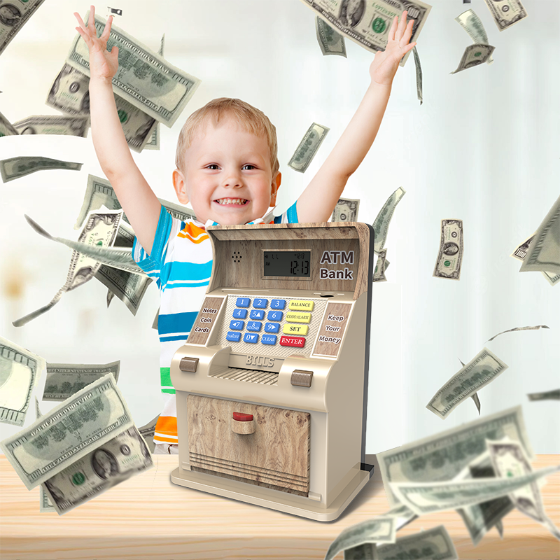 Los niños de la versión de los E.E.U.U. juegan el mini banco seguro del ahorro del dinero del cajero automático con el contador de la moneda