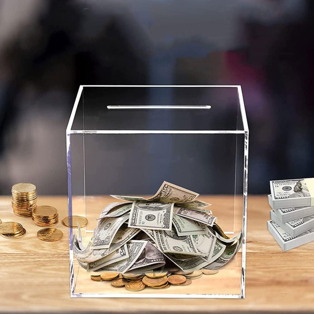 Un tarro de ahorros de una sola vez, hucha transparente, caja de ahorro de dinero